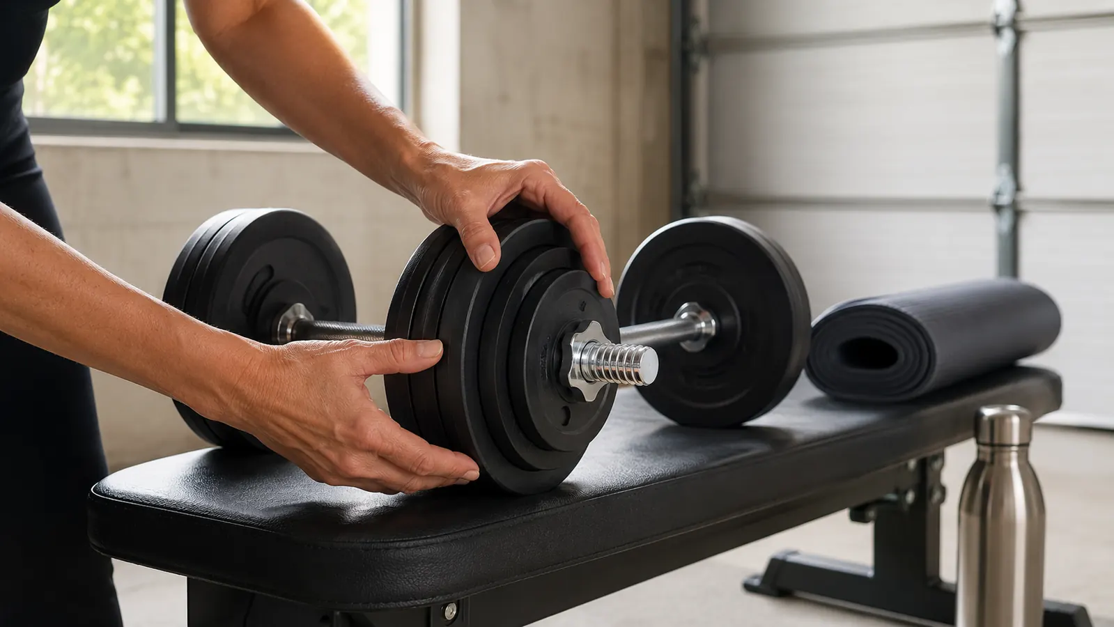 A woman's hands tightening the locking collar on an adjustable dumbbell set on a padded bench in a garage