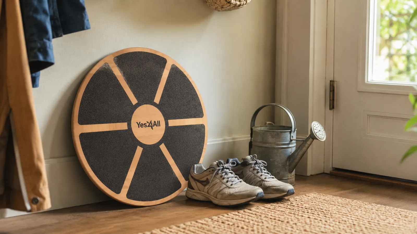 A wobble balance board leaning against a wall at home, a pair of slippers and a watering can on a counter in a warm afternoon light
