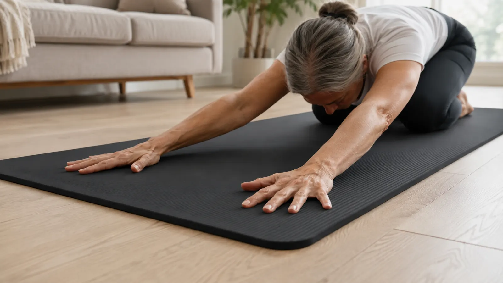 A hand pressing into the dense foam surface of a thick exercise mat during a floor stretch, in a bright living room
