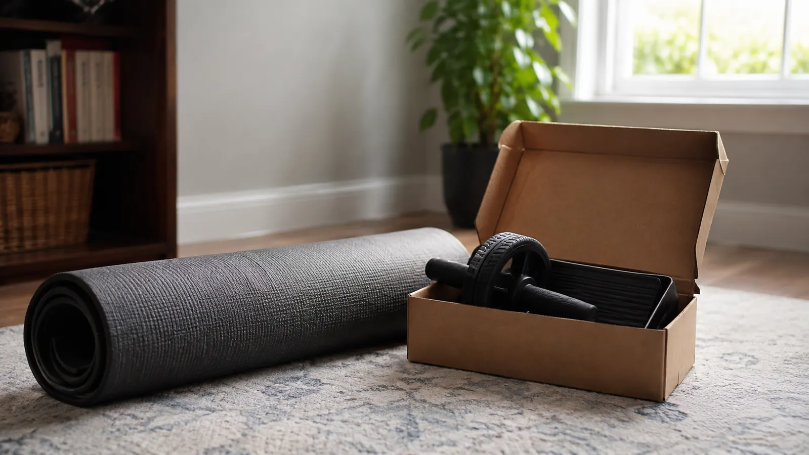 A tidy corner of a home with a rolled yoga mat and a small box holding the ab roller kit pieces