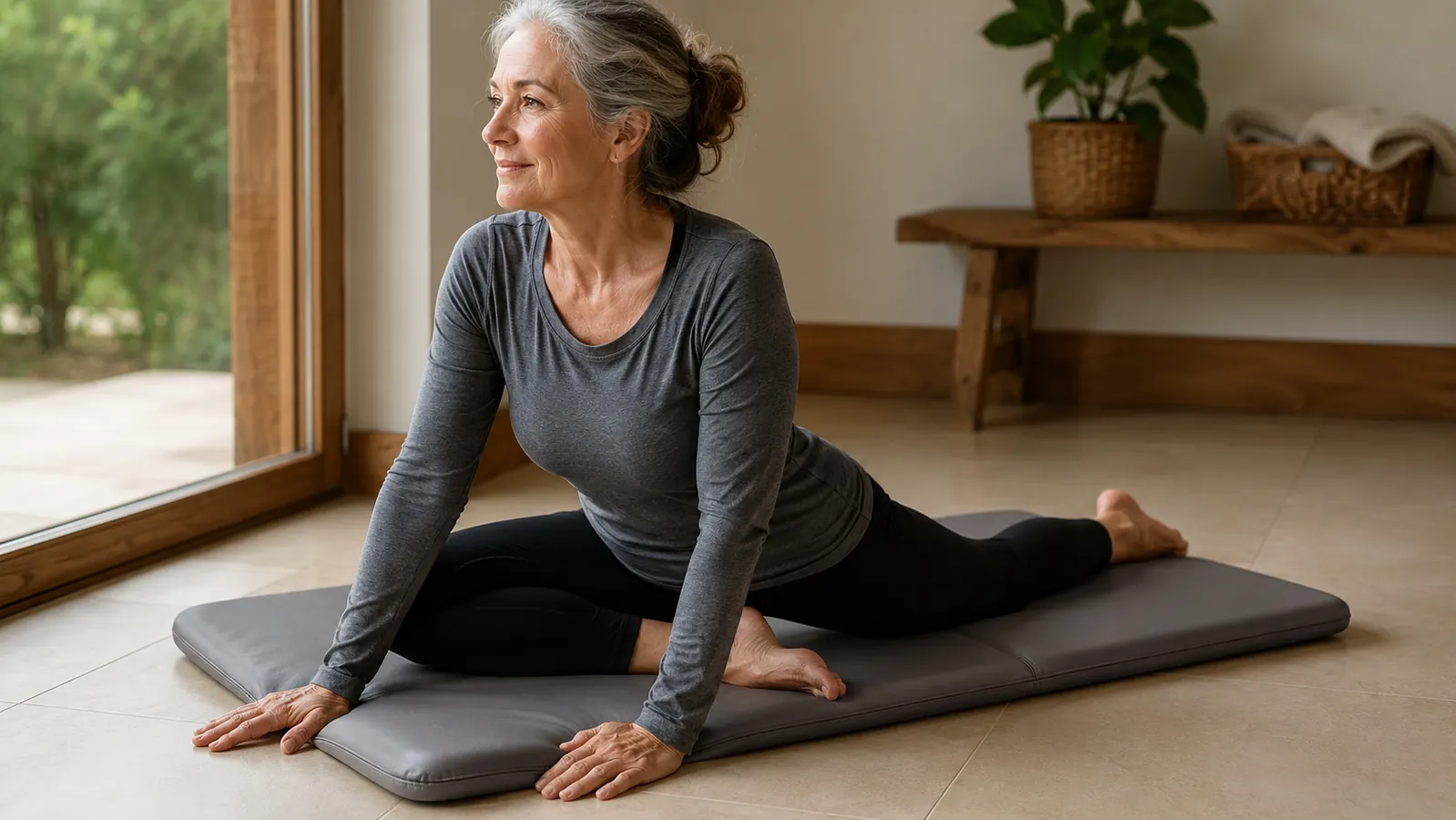 An older woman kneeling comfortably on a thick cushioned mat on a hard tile floor, in a gentle hip stretch