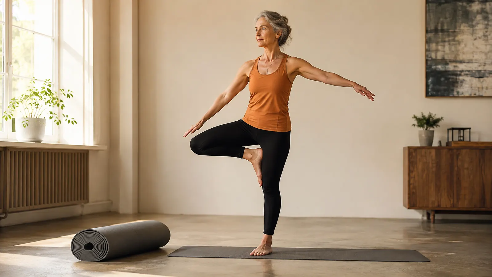 A woman balancing on one foot on a thin firm mat while a thick rolled mat lies beside her on the floor, showing two different surfaces