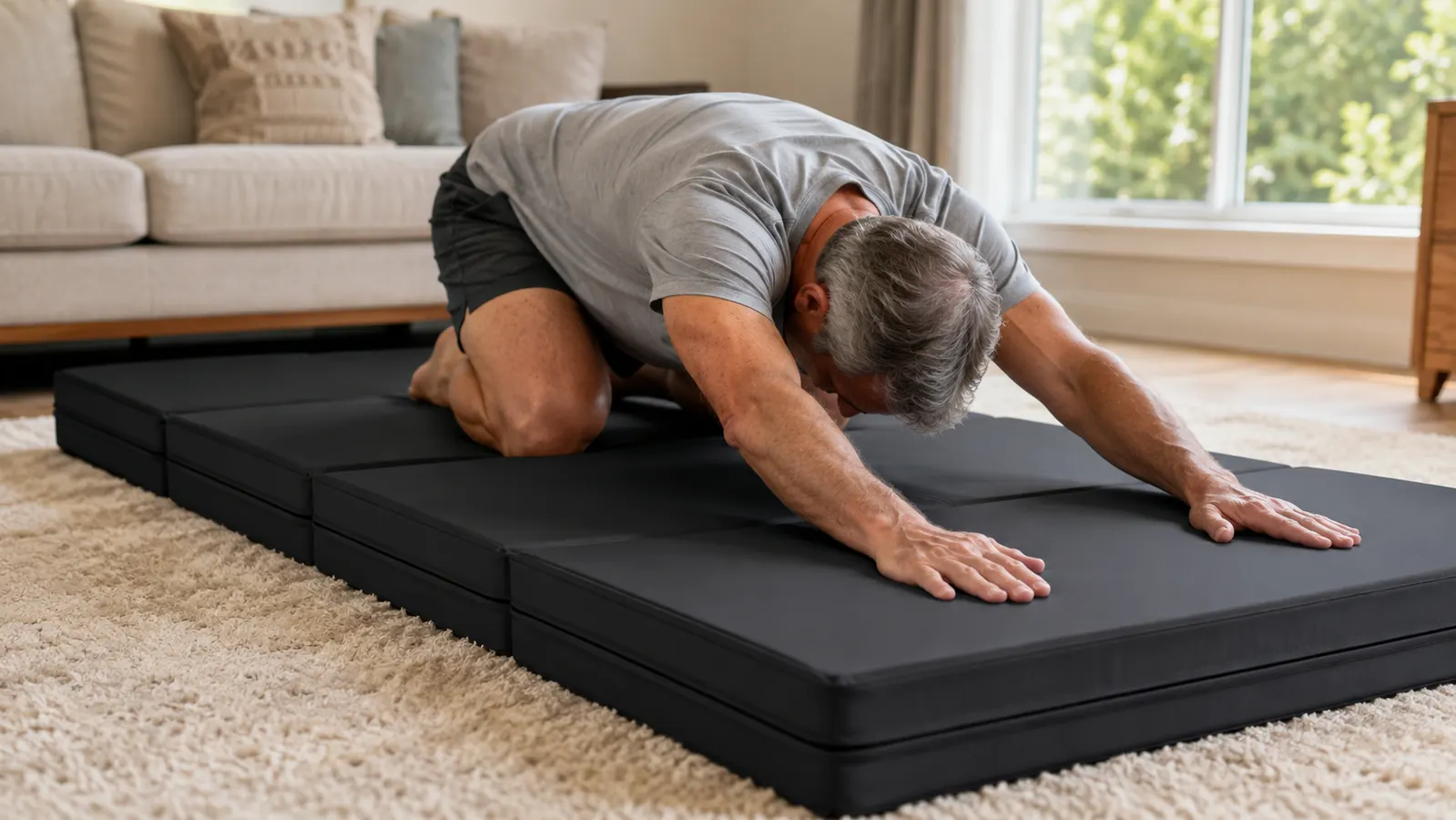 A person kneeling on a thick extra-cushioned yoga mat during a floor stretch, hands flat on the mat, on the carpet in a living room