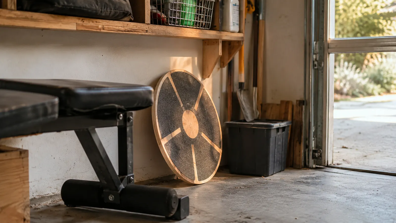 A wobble balance board propped against a wall in the corner of a garage near a bench, out of the way but ready to use