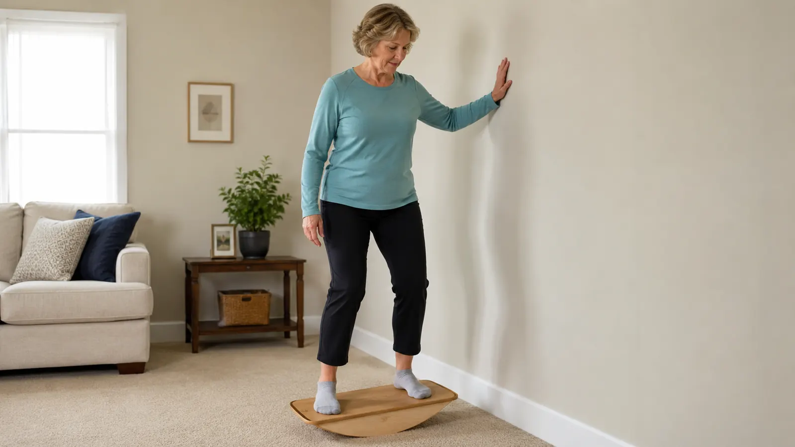 A woman steadying herself on the wobble balance board on a carpeted living room floor with one hand on the wall