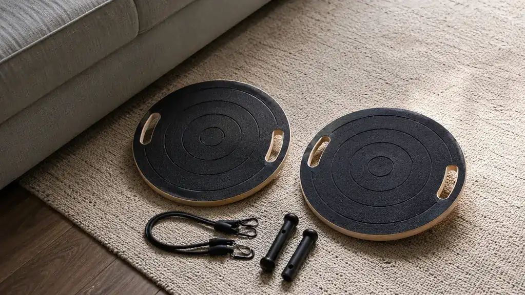 Two round wobble boards lying side by side on a cream rug, one with a pair of detachable bands and small posts placed beside it