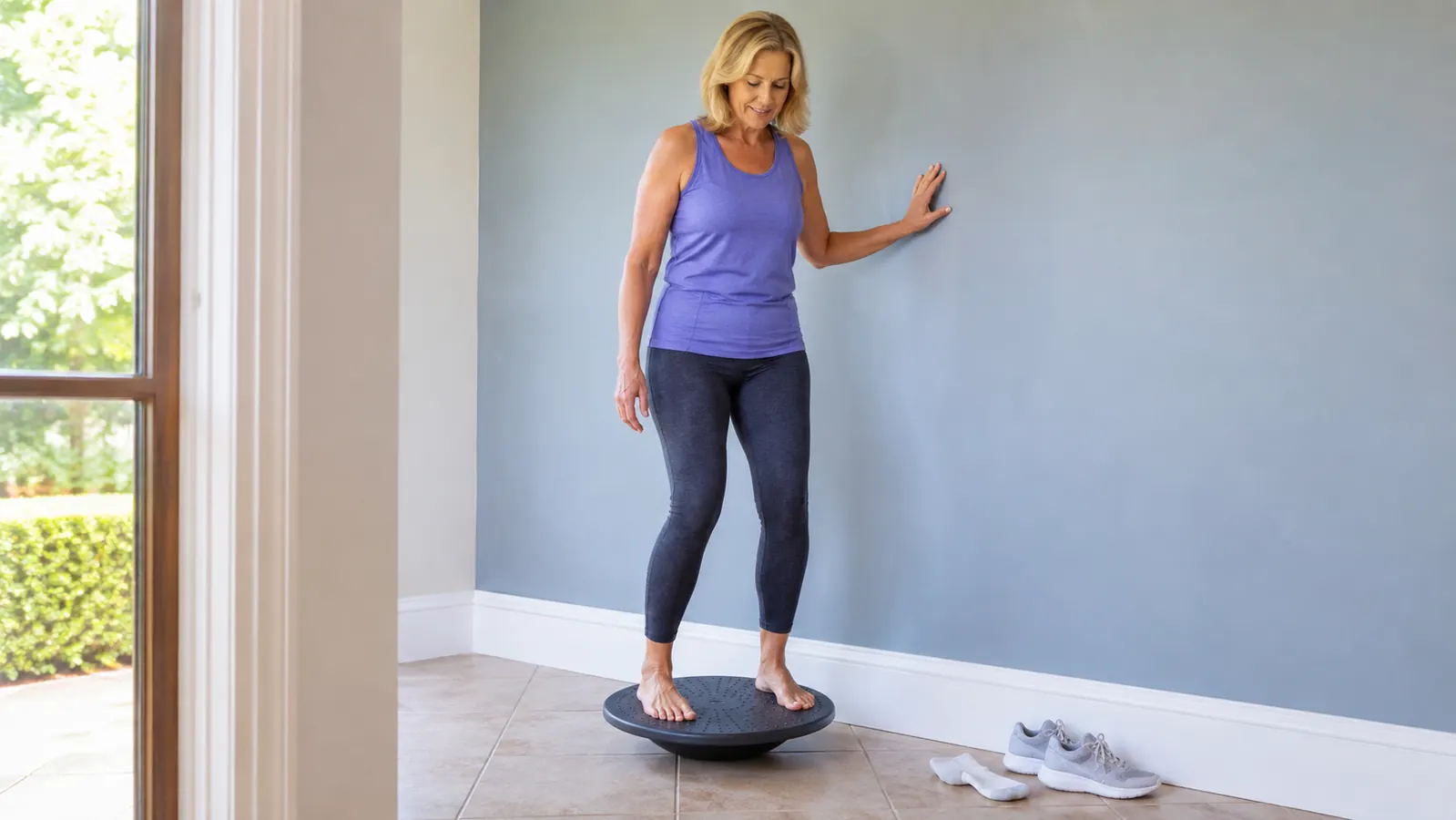 A person mid-fifties standing barefoot on the wobble board near a painted wall, one hand resting lightly on the wall for support
