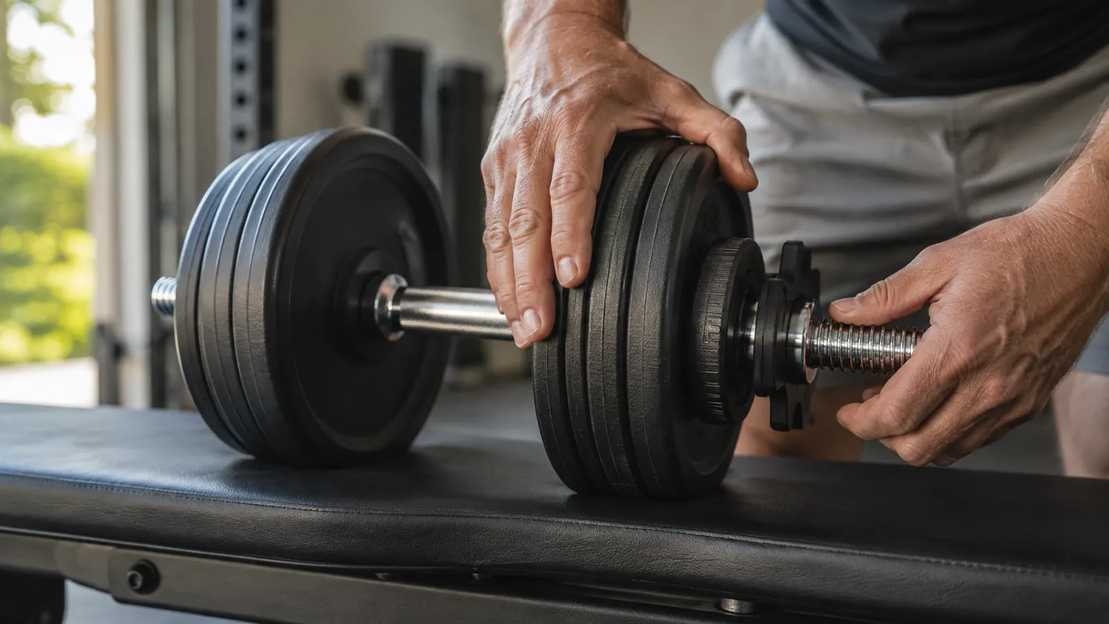 Hands tightening a collar on an adjustable dumbbell resting on a gym bench mid weight change