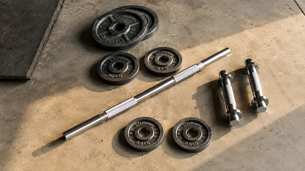 Weight plates and a connector bar laid flat on a garage floor beside two dumbbell handles