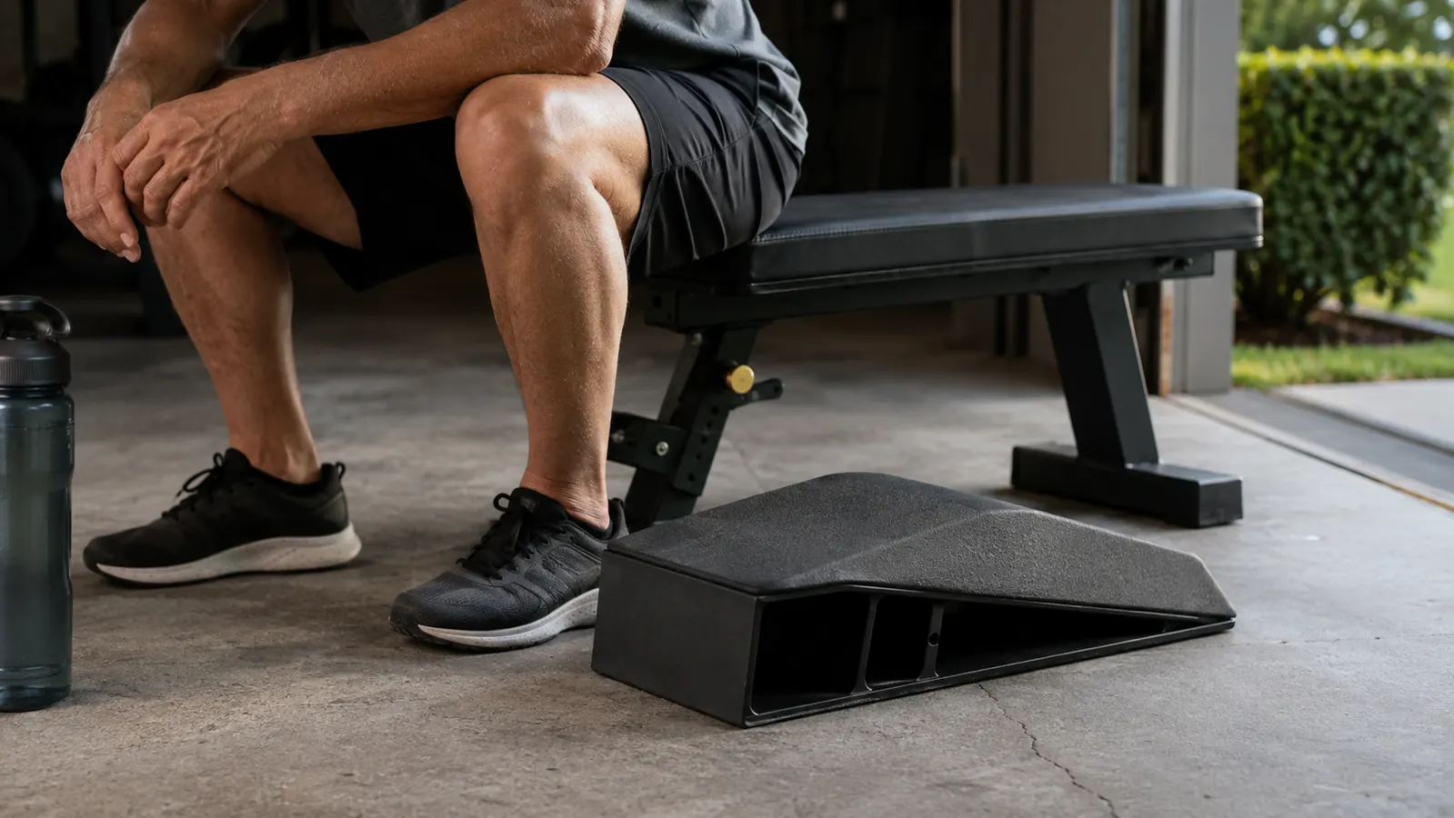 A pair of adjustable dumbbells standing on a garage floor beside a padded workout bench, morning light from the garage door