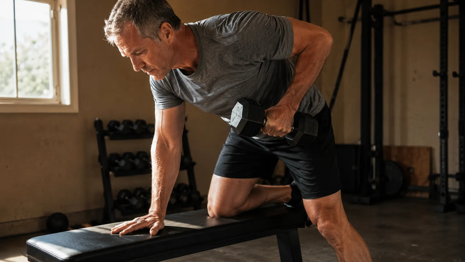 A person mid-row bending over a garage bench with a dumbbell in hand, warm side light, simple backdrop