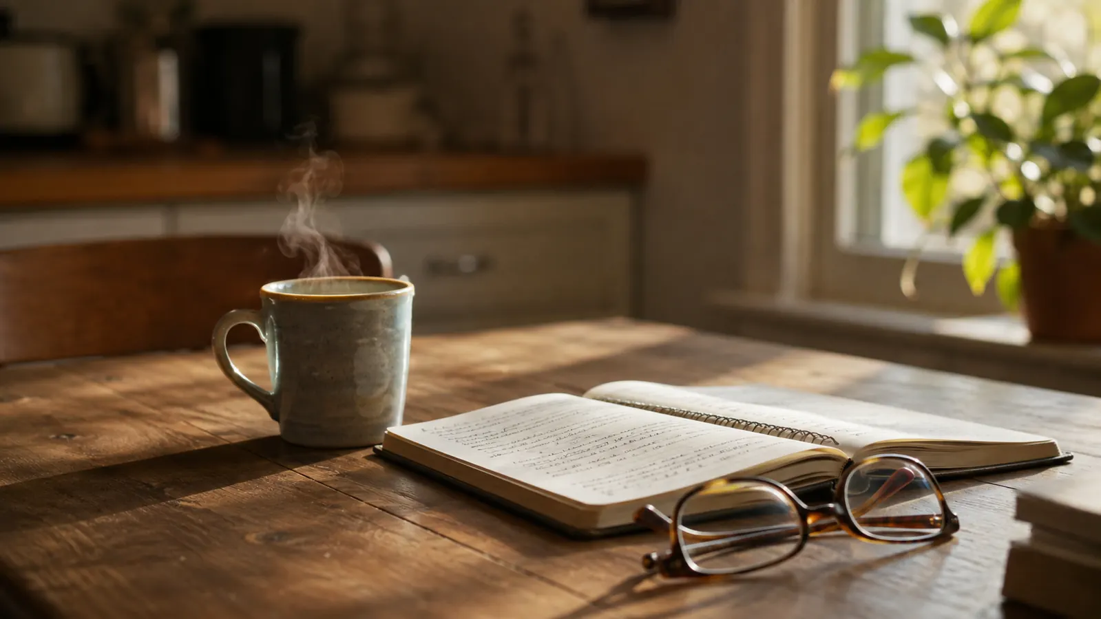 A kitchen table in the morning with a steaming mug of coffee, reading glasses, and an open spiral notebook