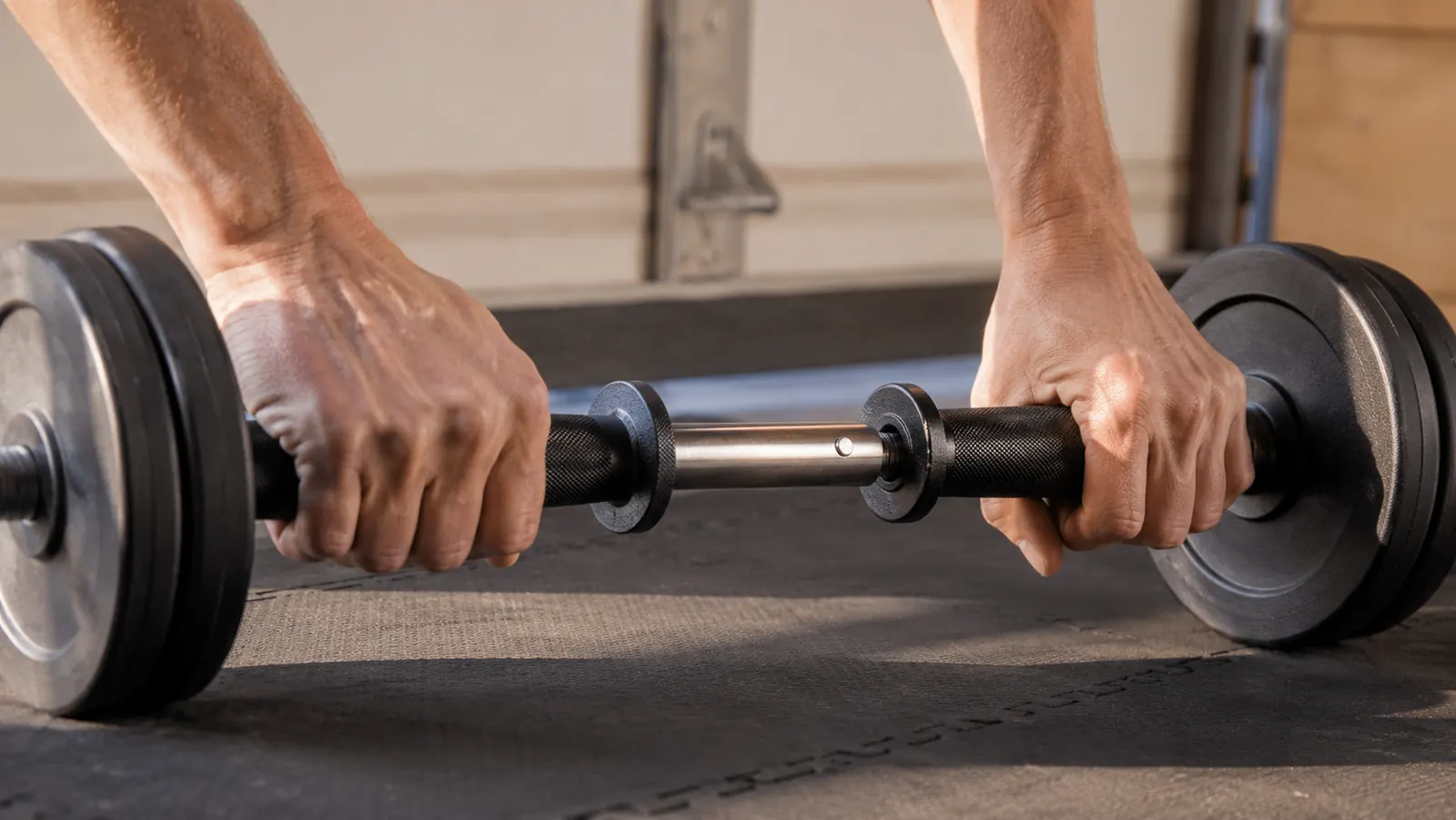 Hands threading two dumbbell handles onto a connector bar on a garage floor, mid assembly of a short barbell