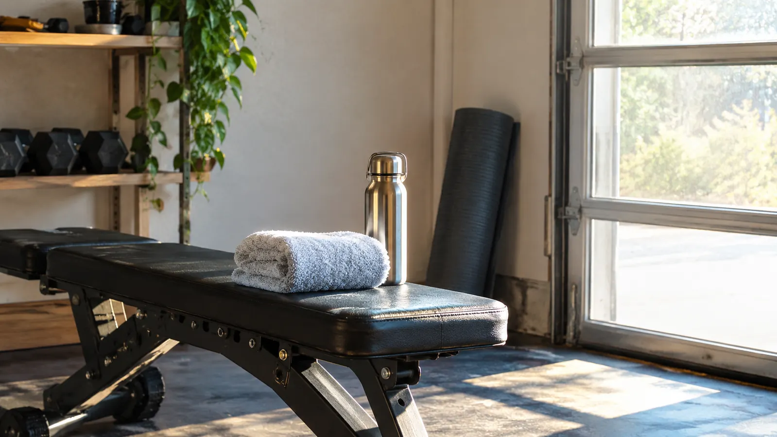 A padded workout bench with a folded towel and a water bottle beside a bright garage window in the morning