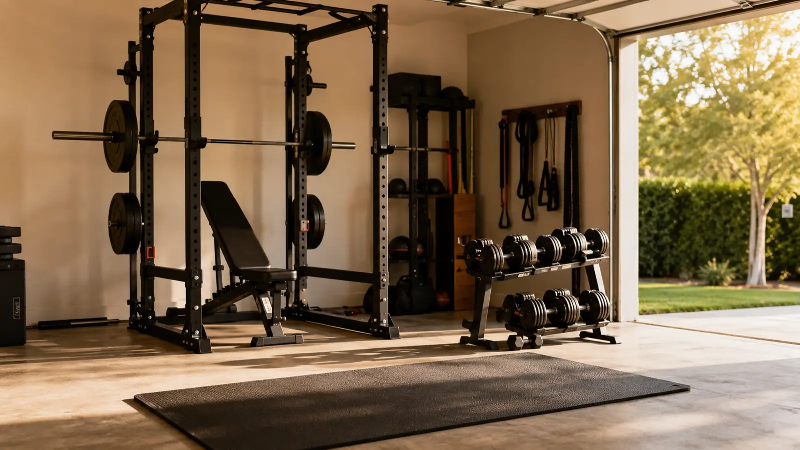 A tidy home garage gym with dumbbells racked and a thick mat on the floor, warm morning light coming through the open door