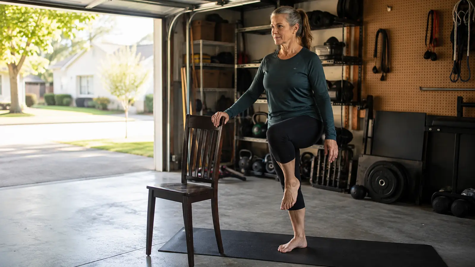 A person standing on one foot on a thin exercise mat in a garage, holding the back of a chair for support, morning light through an open door