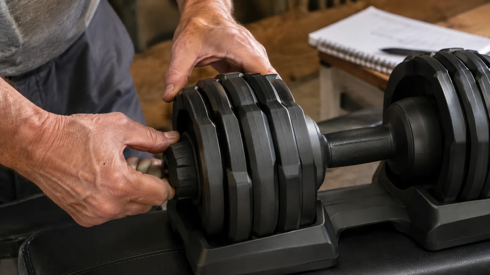 Hands turning the weight collar on an adjustable dumbbell resting on a padded bench in a home garage