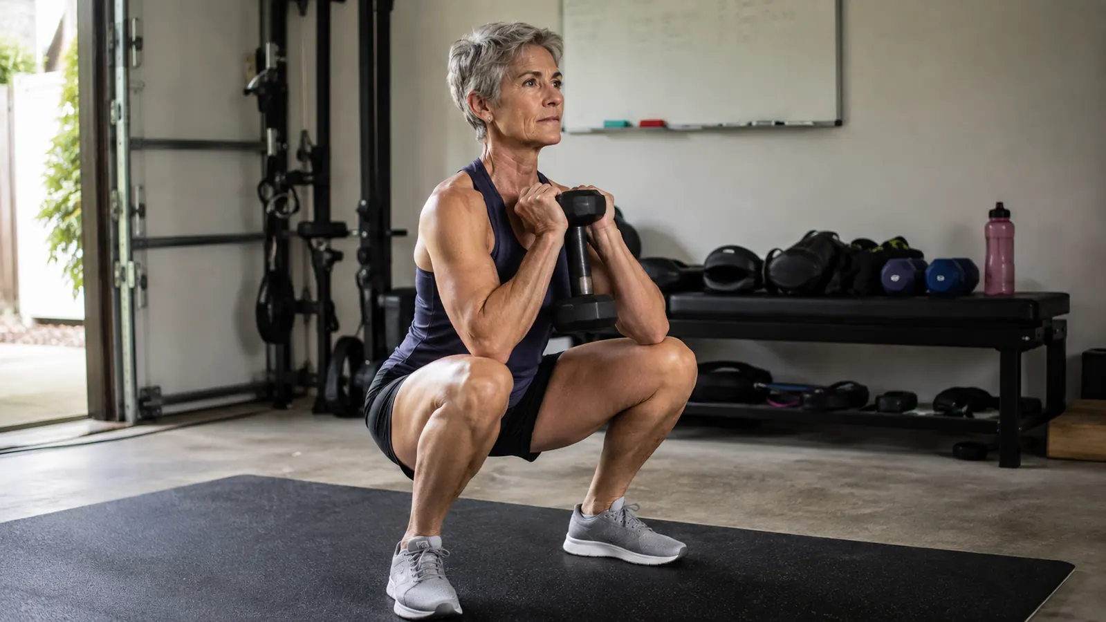 A woman in her late fifties performing a goblet squat in a garage, holding one dumbbell at her chest