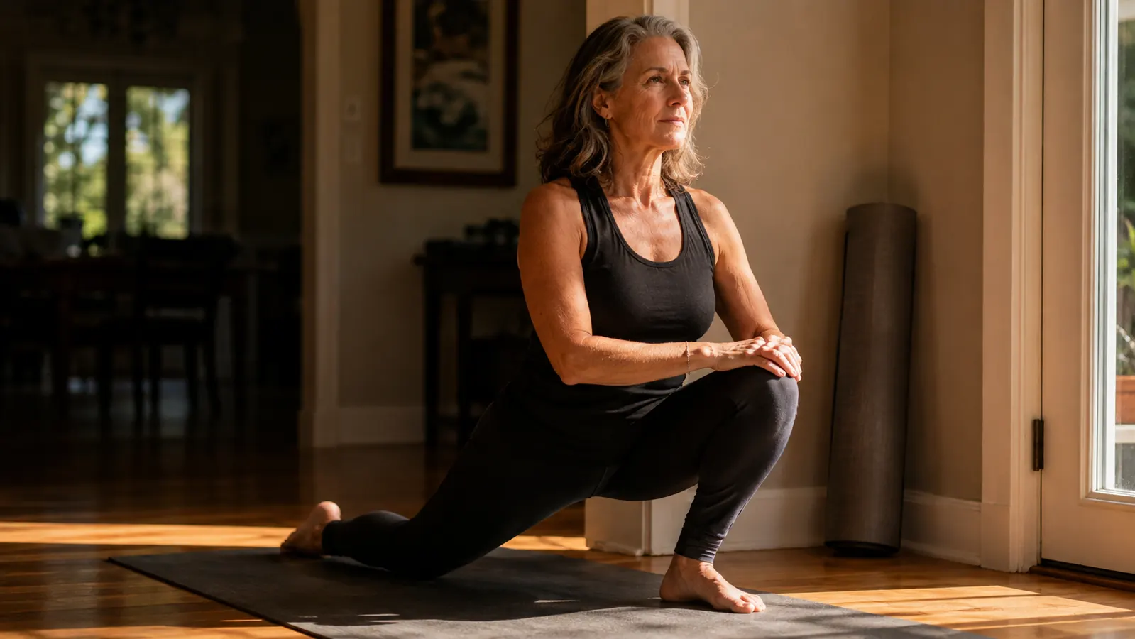 A person stepping through a low lunge in a sunlit doorway, the rolled yoga mat leaned against a wall in the background