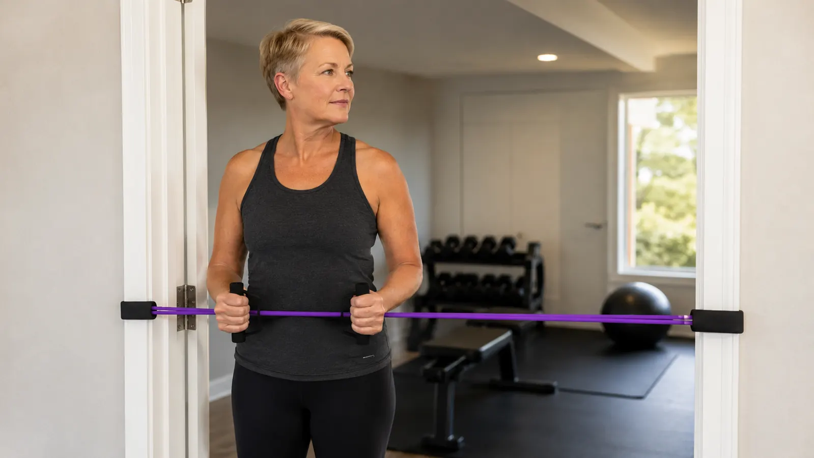 Close view of hands gripping two foam resistance band handles with the band stretched across a doorway at hip height