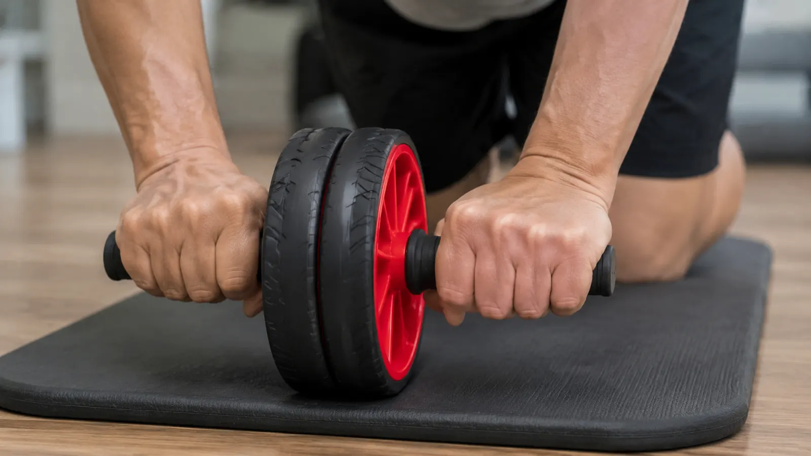 A close view of hands gripping the handles of an ab roller wheel on a knee mat, mid-roll and reset