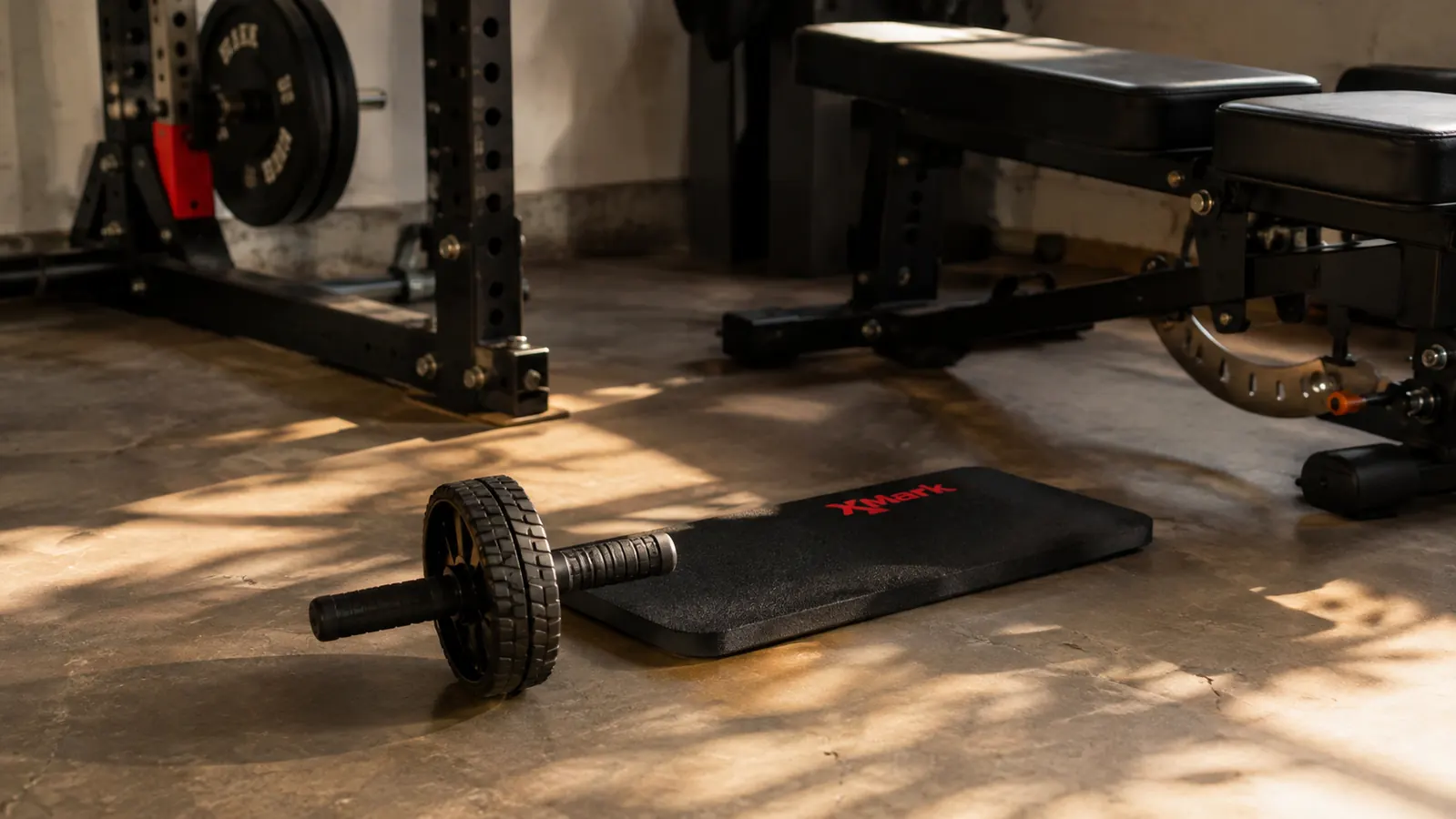An ab roller wheel and its knee mat laid out on a garage floor beside a squat stand, morning light across the floor