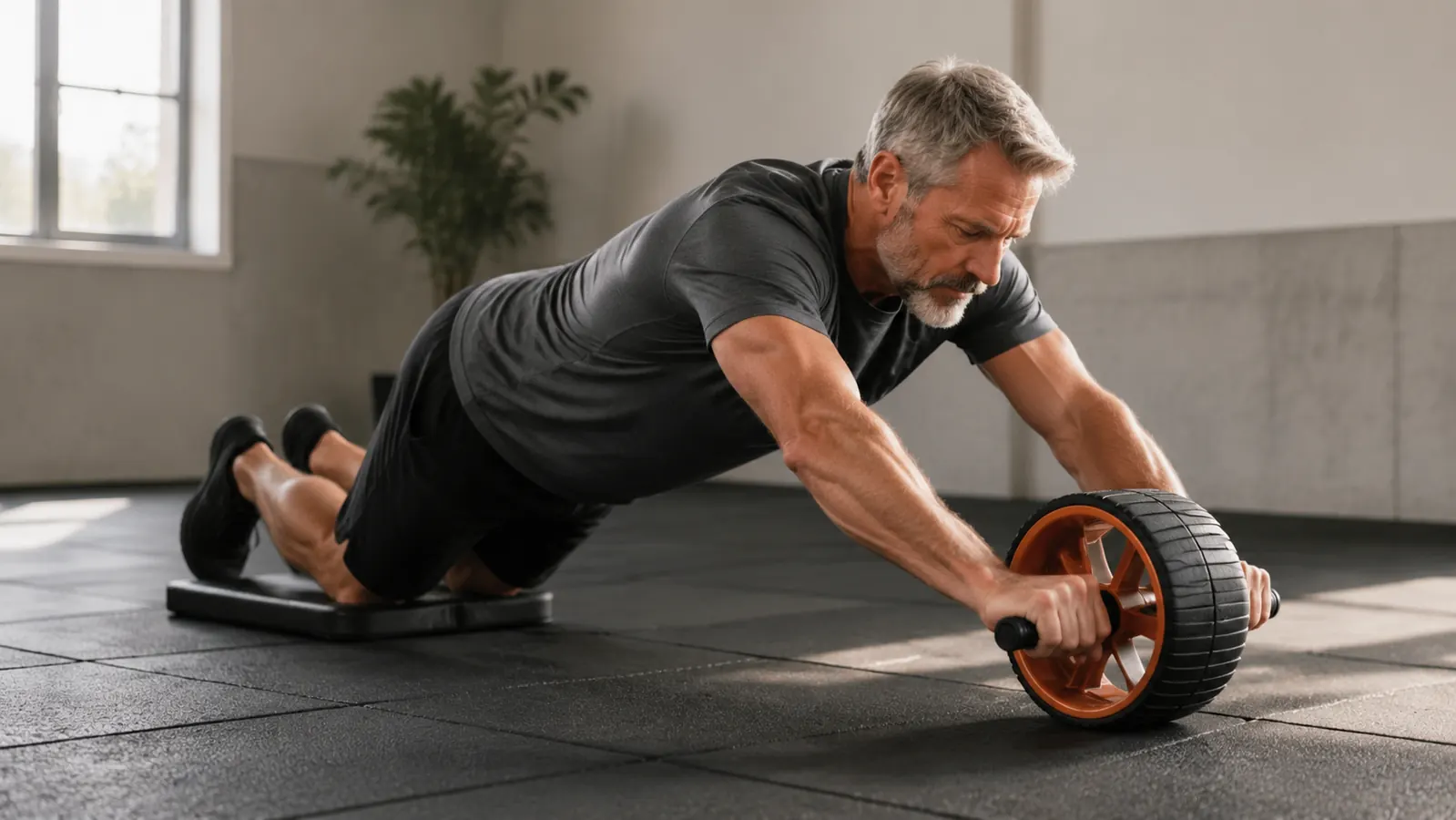 Knees on the padded knee mat, hands on the ab roller handles, rolling forward across a rubber floor.