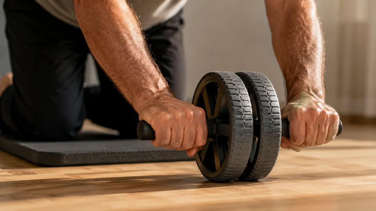 Hands gripping the handles of an ab roller wheel mid roll-out on a padded mat on a wood floor