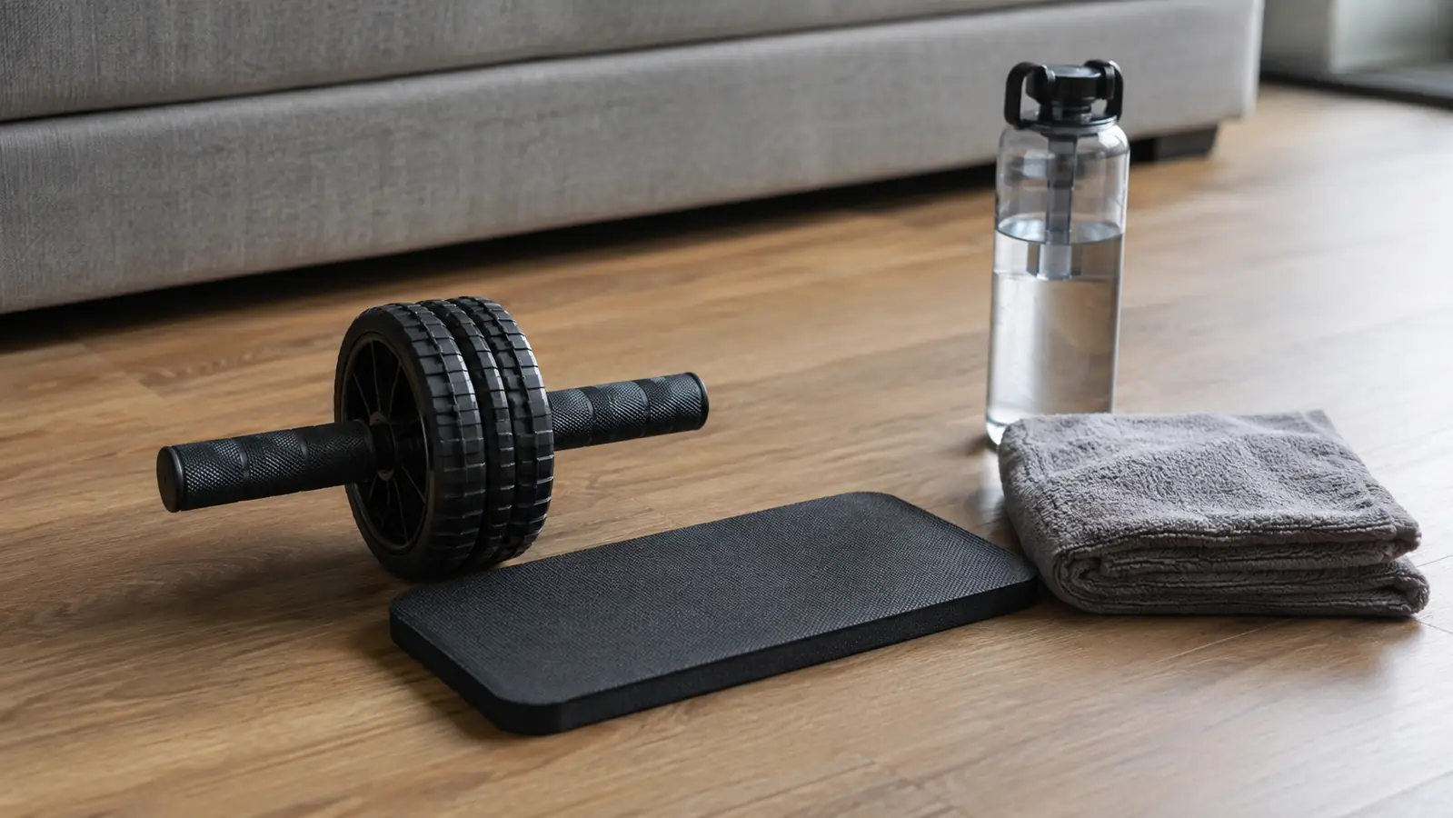 An ab roller wheel and its knee mat laid out on a wood floor beside a folded towel and a water bottle, a couch edge at the frame