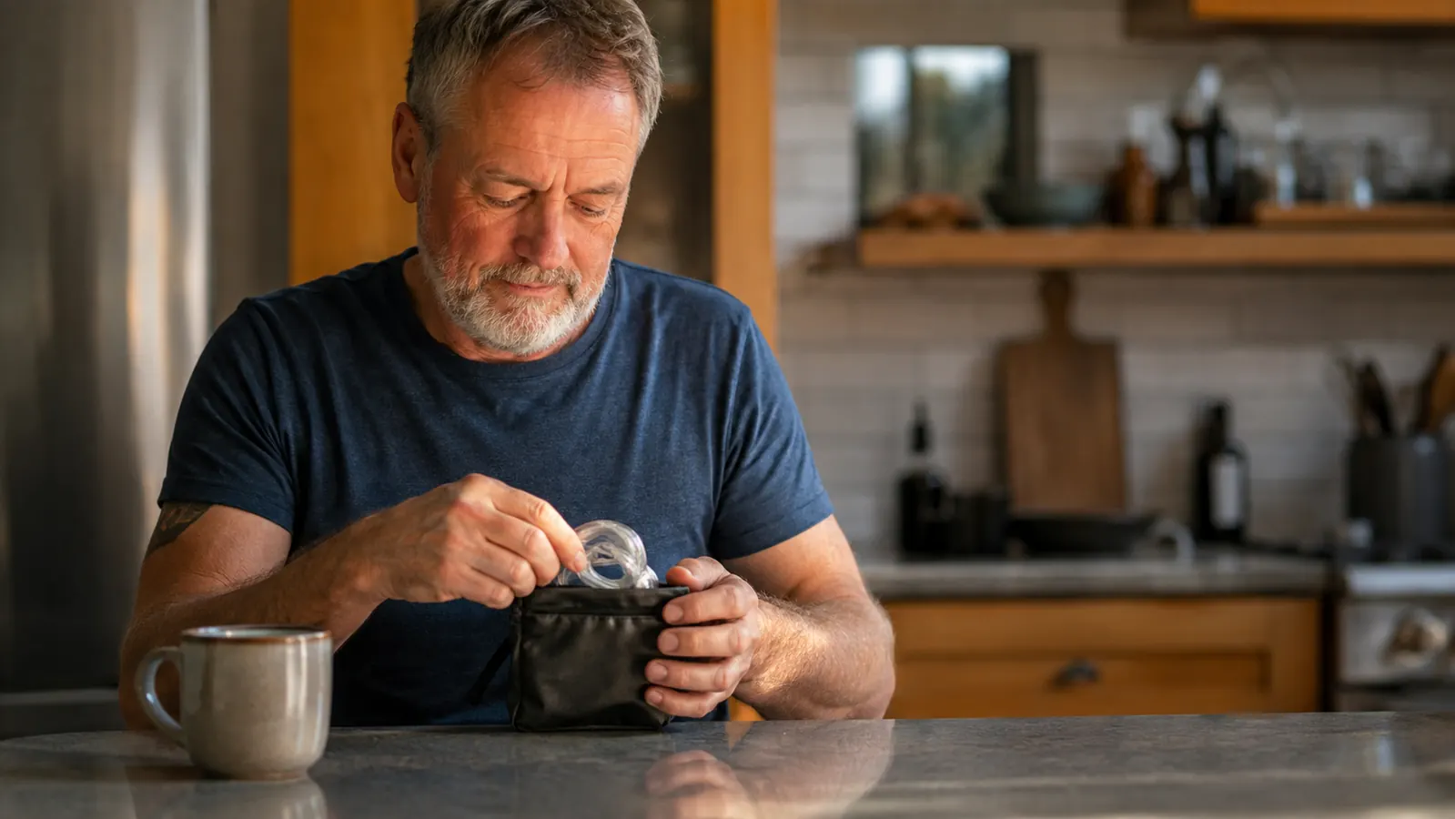 A folded cloth bag holding a resistance band set and handles resting on a kitchen counter beside a coffee mug