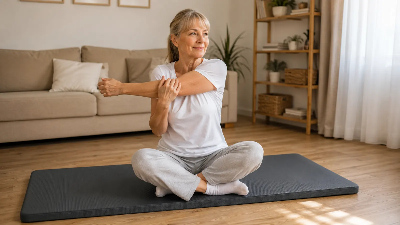A woman in her late fifties sitting cross-legged on a thick cushioned mat on the floor of a bright living room, relaxed and mid-stretch