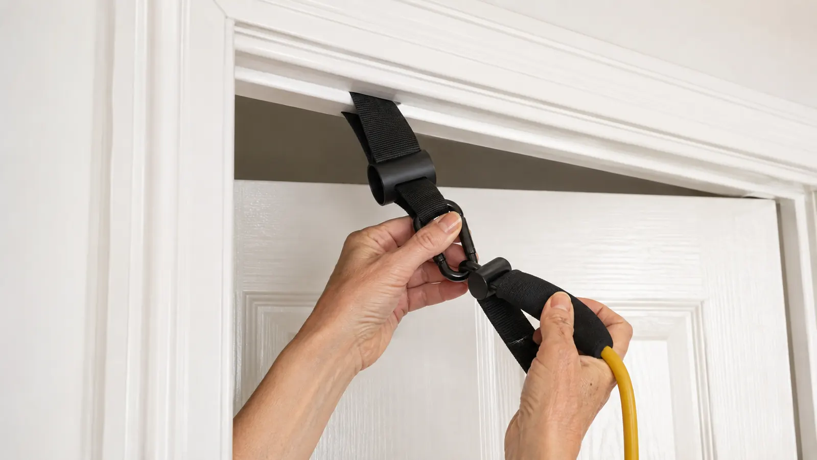 Hands clipping an exercise band into a plastic handle that is attaching to a webbing door anchor wedged into the top of a door frame.