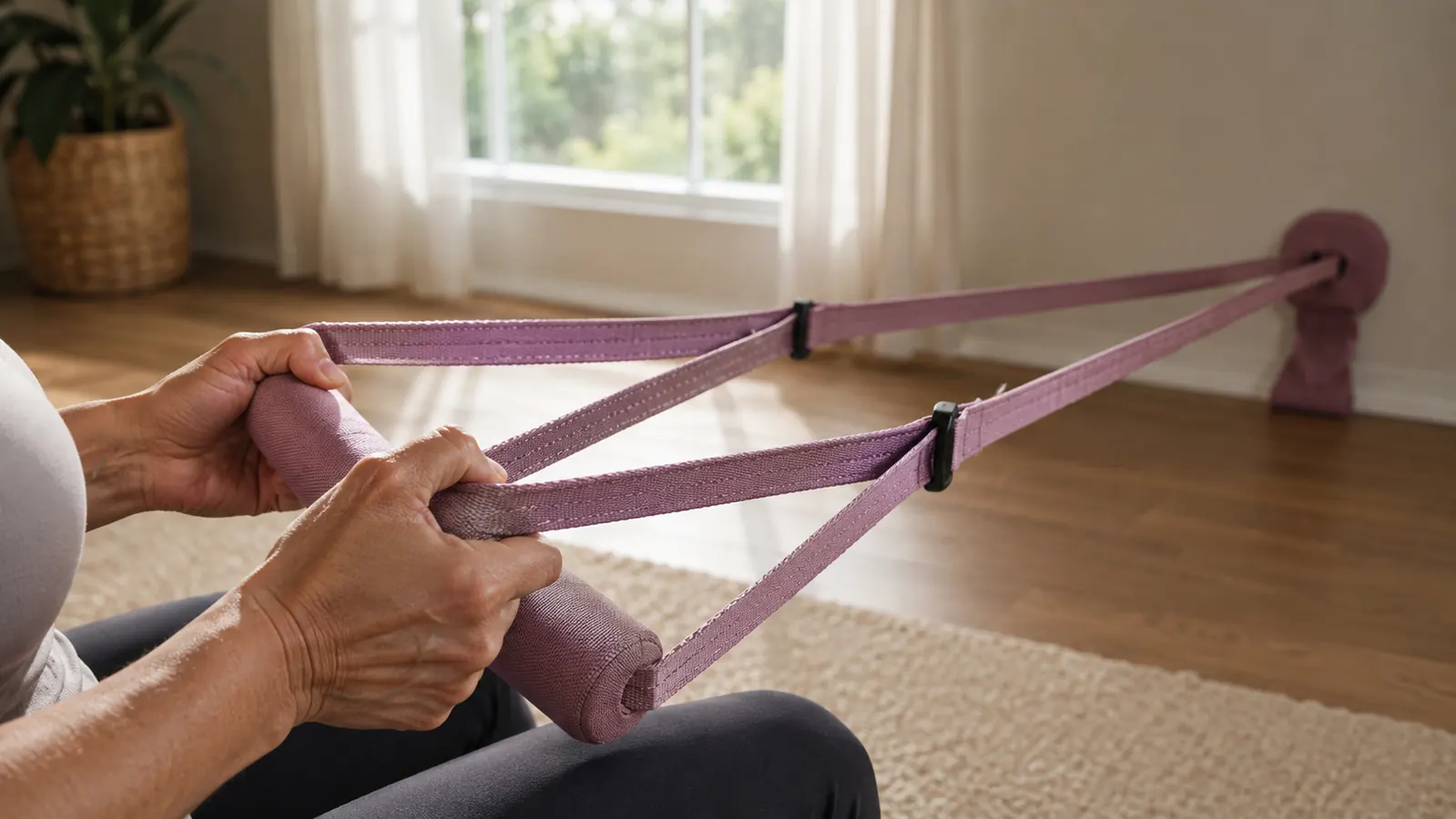 Hands gripping a padded resistance band handle during a seated row, band at full stretch across the room