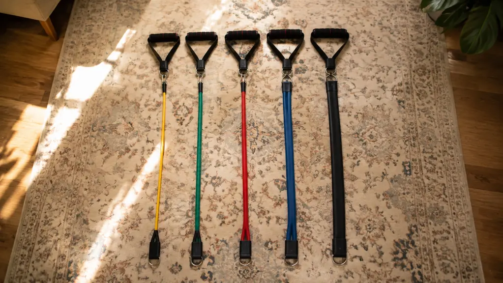 Five resistance bands of different thicknesses laid side by side on a living room rug, from thin to thick